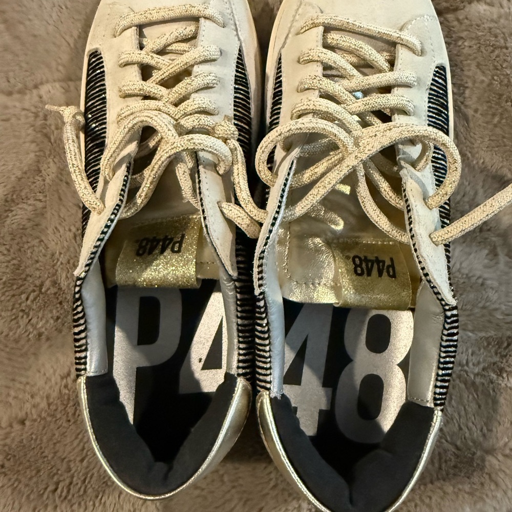P448 Cream and Black Sneakers with Gold Accents